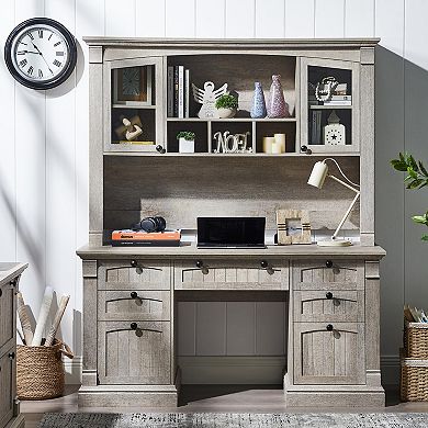 Executive Desk Hutch Drawers Charging Station Keyboard Tray File Cabinet