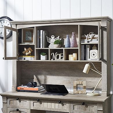 Executive Desk Hutch Drawers Charging Station Keyboard Tray File Cabinet
