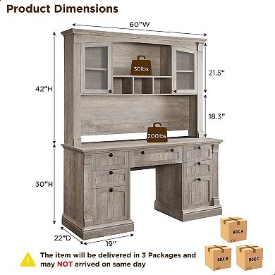 Executive Desk Hutch Drawers Charging Station Keyboard Tray File Cabinet