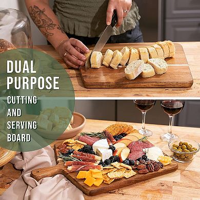 Large Acacia Wood Cutting & Serving Board with Handle for Meat, Cheese, Veggies & Bread 17"x13"