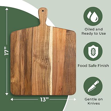 Large Acacia Wood Cutting & Serving Board with Handle for Meat, Cheese, Veggies & Bread 17"x13"