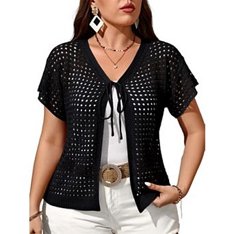 Women's Crochet Shrug Short Sleeve Tie Front Cardigan Open Knit Lightweight Sweater Summer Cover Up