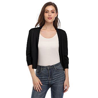 Women's Cropped Cardigan 3/4 Sleeve Open Front Sweater Classic Solid Color Shrug