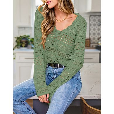 Women's Crochet Hollow Out Pullover Long Sleeve Casual Knit Lightweight Sweater