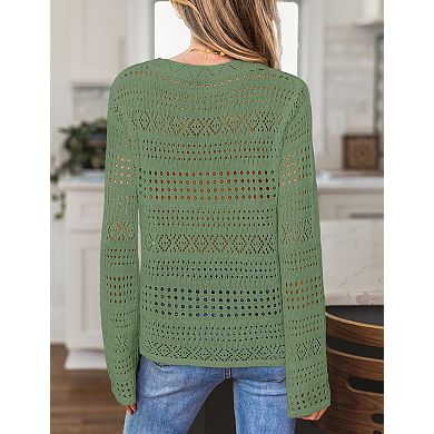 Women's Crochet Hollow Out Pullover Long Sleeve Casual Knit Lightweight Sweater
