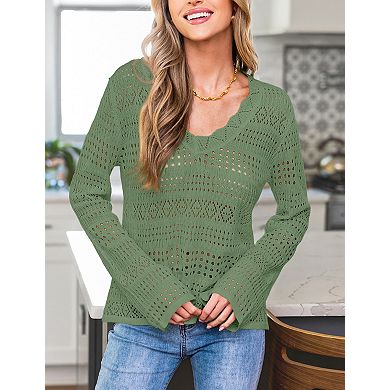 Women's Crochet Hollow Out Pullover Long Sleeve Casual Knit Lightweight Sweater