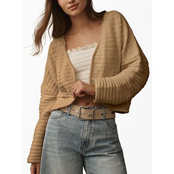 Women's Cardigan Sweater Lightweight Bolero Shrug Dropped Shoulders Long Sleeves Ribbed Stripes