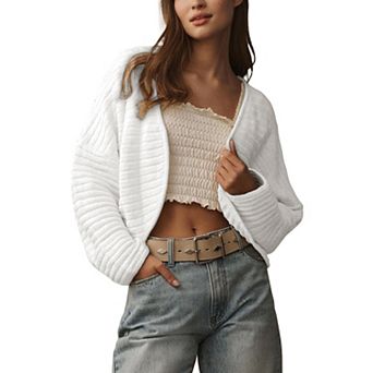 Women's Cardigan Sweater Lightweight Bolero Shrug Dropped Shoulders Long Sleeves Ribbed Stripes