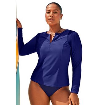 Swimsuits for All Women's Chlorine Resistant Quick-Dry 1/4 Zip Front Long Sleeve Swim Rash Guard