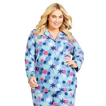 Avenue Women's Plus Size Snowflake Button Fleece Sleep Top