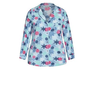 Avenue Women's Plus Size Snowflake Button Fleece Sleep Top