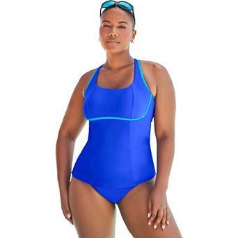 Swimsuits for All Women's Chlorine Resistant Square Neck Contrast Trim Tankini Top