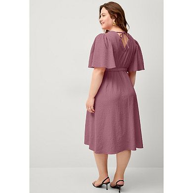 ellos Plus Size V-Neck Fit And Flare Tie Back Midi Dress