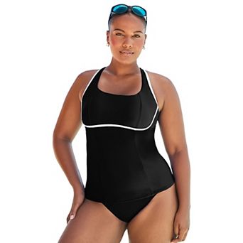 Swimsuits for All Women's Chlorine Resistant Square Neck Contrast Trim Tankini Top