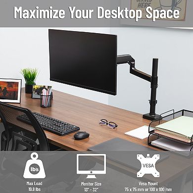 Mind Reader Single Monitor Arm Gas Spring VESA Desk Mount for 13 to 32-inch Screens