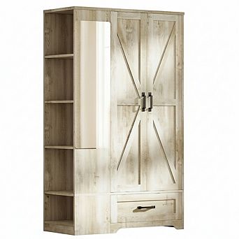 ZUQIETA 70"Armoire with Mirror,2 Doors & Drawer, Modern Freestanding Wardrobe,Rustic Maple