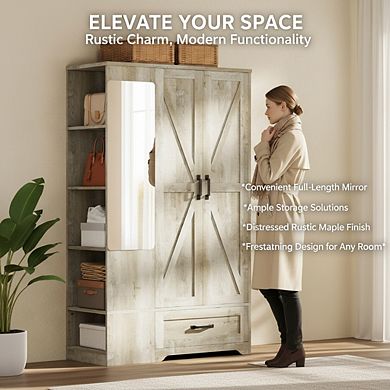 ZUQIETA 70"Armoire with Mirror,2 Doors & Drawer, Modern Freestanding Wardrobe,Rustic Maple