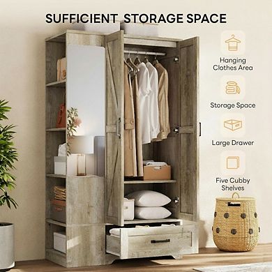 ZUQIETA 70"Armoire with Mirror,2 Doors & Drawer, Modern Freestanding Wardrobe,Rustic Maple