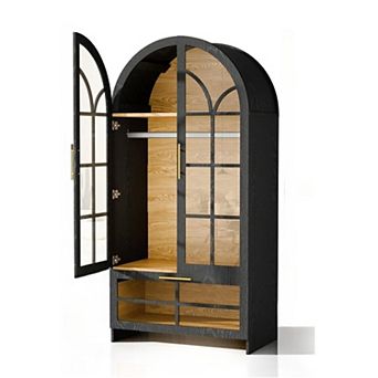 ZUQIETA 71"Arched Wooden Armoire with Glass Door,Hanging Rod & Drawer,Freestanding Wardrobe