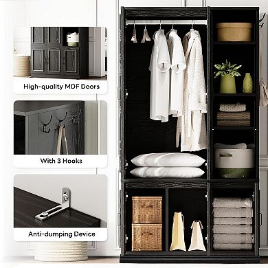 ZUQIETA 70" Armoire Wardrobe with 5 Doors, 4 Shelves & Hanging Rod, Black Storage Cabinet