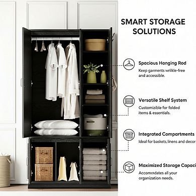 ZUQIETA 70" Armoire Wardrobe with 5 Doors, 4 Shelves & Hanging Rod, Black Storage Cabinet