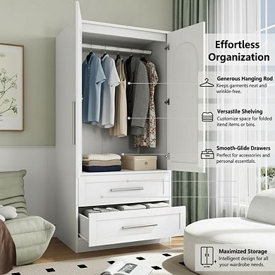 ZUQIETA Wooden Armoire with 2 Doors & 2 Drawers, Freestanding Tall Storage Cabinet, White