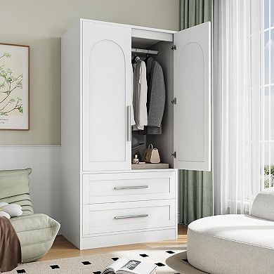 ZUQIETA Wooden Armoire with 2 Doors & 2 Drawers, Freestanding Tall Storage Cabinet, White