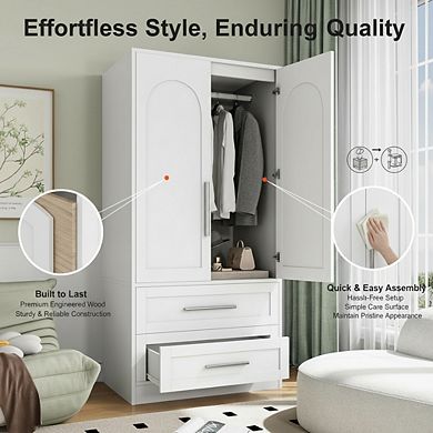 ZUQIETA Wooden Armoire with 2 Doors & 2 Drawers, Freestanding Tall Storage Cabinet, White