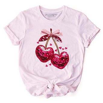 Sequin Pink Cherry Heart Valentine T-Shirt, Mood for Love Coquette Tee