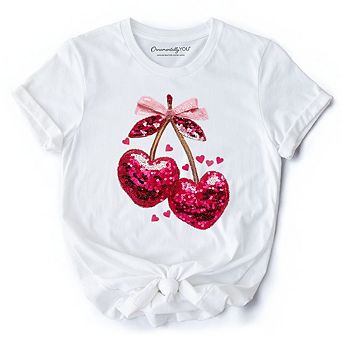 Sequin Pink Cherry Heart Valentine T-Shirt, Mood for Love Coquette Tee