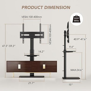 ZUQIETA 70° Swivel TV Floor Stand - 9-Level Height Adjustable for 27-65” TVs
