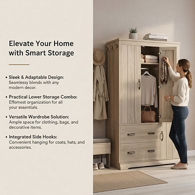 ZUQIETA 70" Tall Wardrobe with 4 Doors, 2 Drawers & 3 Shelves, Grey Freestanding Storage Cabinet