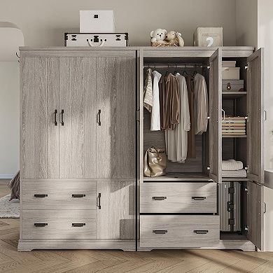 ZUQIETA 70" Tall Wardrobe with 4 Doors, 2 Drawers & 3 Shelves, Grey Freestanding Storage Cabinet