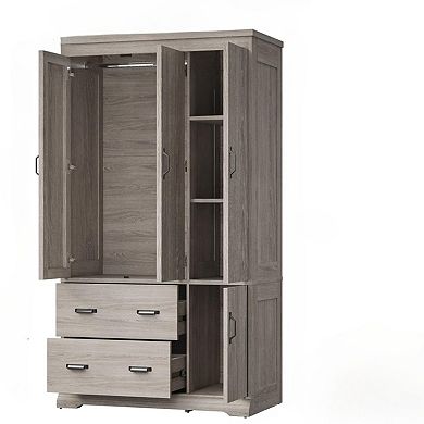 ZUQIETA 70" Tall Wardrobe with 4 Doors, 2 Drawers & 3 Shelves, Grey Freestanding Storage Cabinet