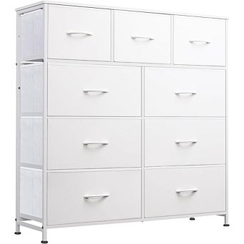 ZUQIETA 9-Drawer Minimalist Storage System - White Fabric Tower with Steel Frame & Wood Top