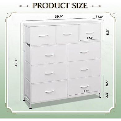 ZUQIETA 9-Drawer Minimalist Storage System - White Fabric Tower with Steel Frame & Wood Top