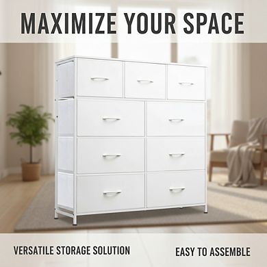 ZUQIETA 9-Drawer Minimalist Storage System - White Fabric Tower with Steel Frame & Wood Top