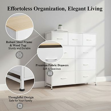ZUQIETA 9-Drawer Minimalist Storage System - White Fabric Tower with Steel Frame & Wood Top