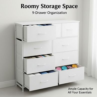 ZUQIETA 9-Drawer Minimalist Storage System - White Fabric Tower with Steel Frame & Wood Top