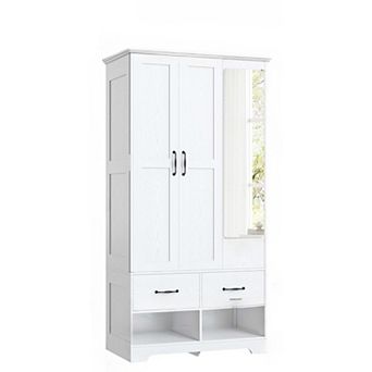 ZUQIETA 3-Door Armoire with Mirror&2 Shoe Racks,70"White Wooden Storage Cabinet with Drawers