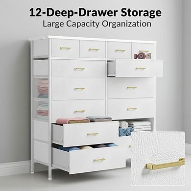 ZUQIETA 12-Deep-Drawer Storage Tower - White Fabric Dresser for Bedroom, Closet & Nursery