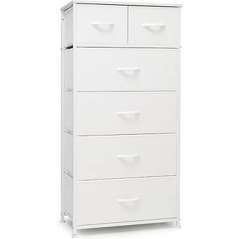 ZUQIETA Skinny Vertical Dresser - 6-Drawer Fabric Bin Tower with Steel Frame & Wood Top, White