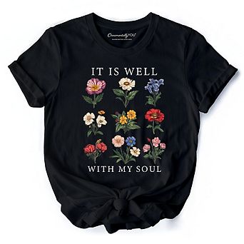 It Is Well With My Soul Christian Floral T-Shirt, Vintage Bible Verse Dark Tee