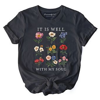 It Is Well With My Soul Christian Floral T-Shirt, Vintage Bible Verse Dark Tee