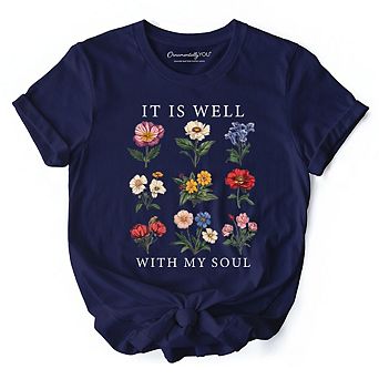 It Is Well With My Soul Christian Floral T-Shirt, Vintage Bible Verse Dark Tee