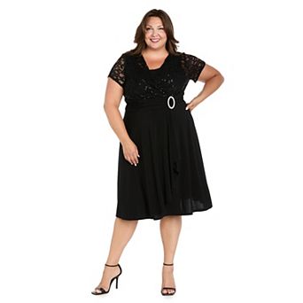 Plus Size R&M Richards Stretch Sequin Lace Faux-Wrap Cascade Dress