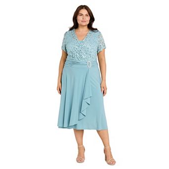 Plus Size R&M Richards Stretch Sequin Lace Faux-Wrap Cascade Dress