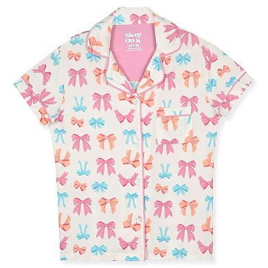 Sleep On It Girls 2-Piece Short-Sleeve Button Down Coat Pajama Top and Pajama Pants Set w Scrunchie
