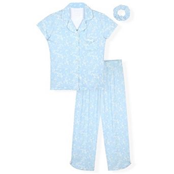 Sleep On It Girls 2 pc Short-Sleeve Button Down Coat Pajama Top and Pajama Pants Set w Scrunchie
