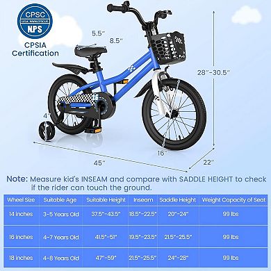 16 Inch Kids Bike With Training Wheels Adjustable Seat And Dual Brakes